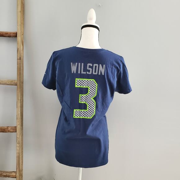 NIKE Women's Seattle Seahawks Russell Wilson Navy Blue Tee L Slim Fit - Picture 2 of 4